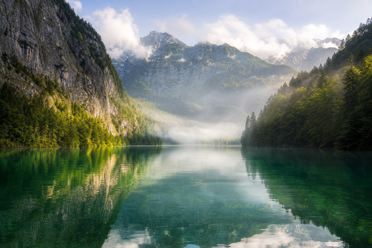 Königssee mit alpinen Felswänden und Morgennebel