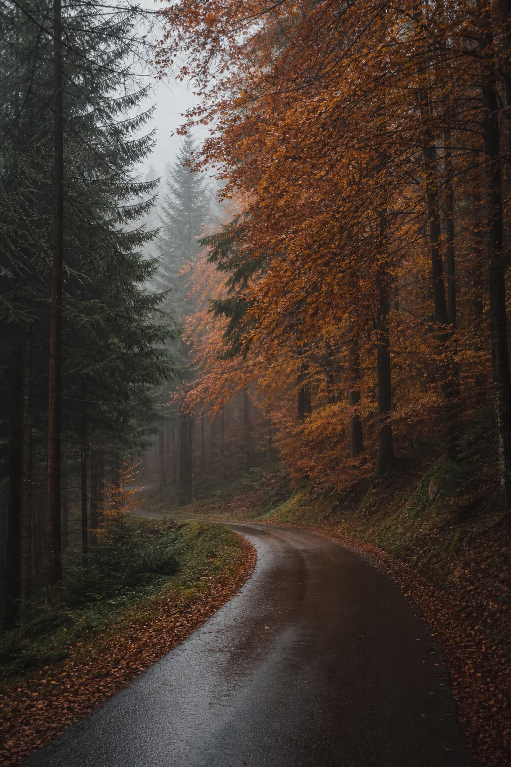 Nasse Waldstraße im herbstlichen Schwarzwald