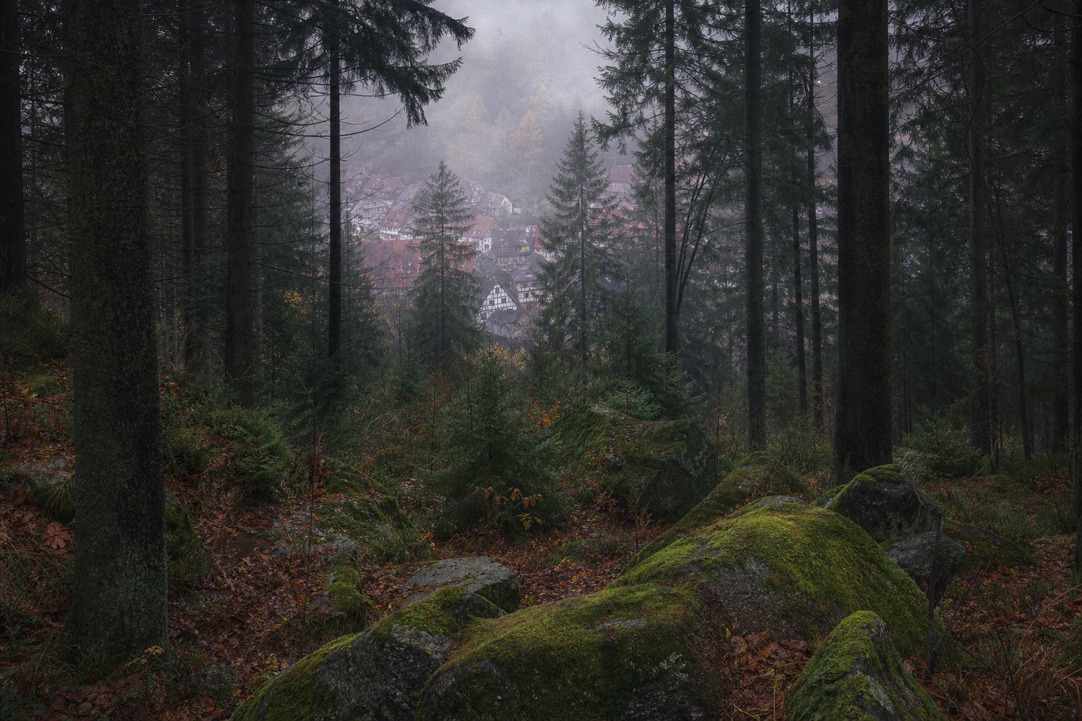 Nebeliger Harzwald mit Moossteinen