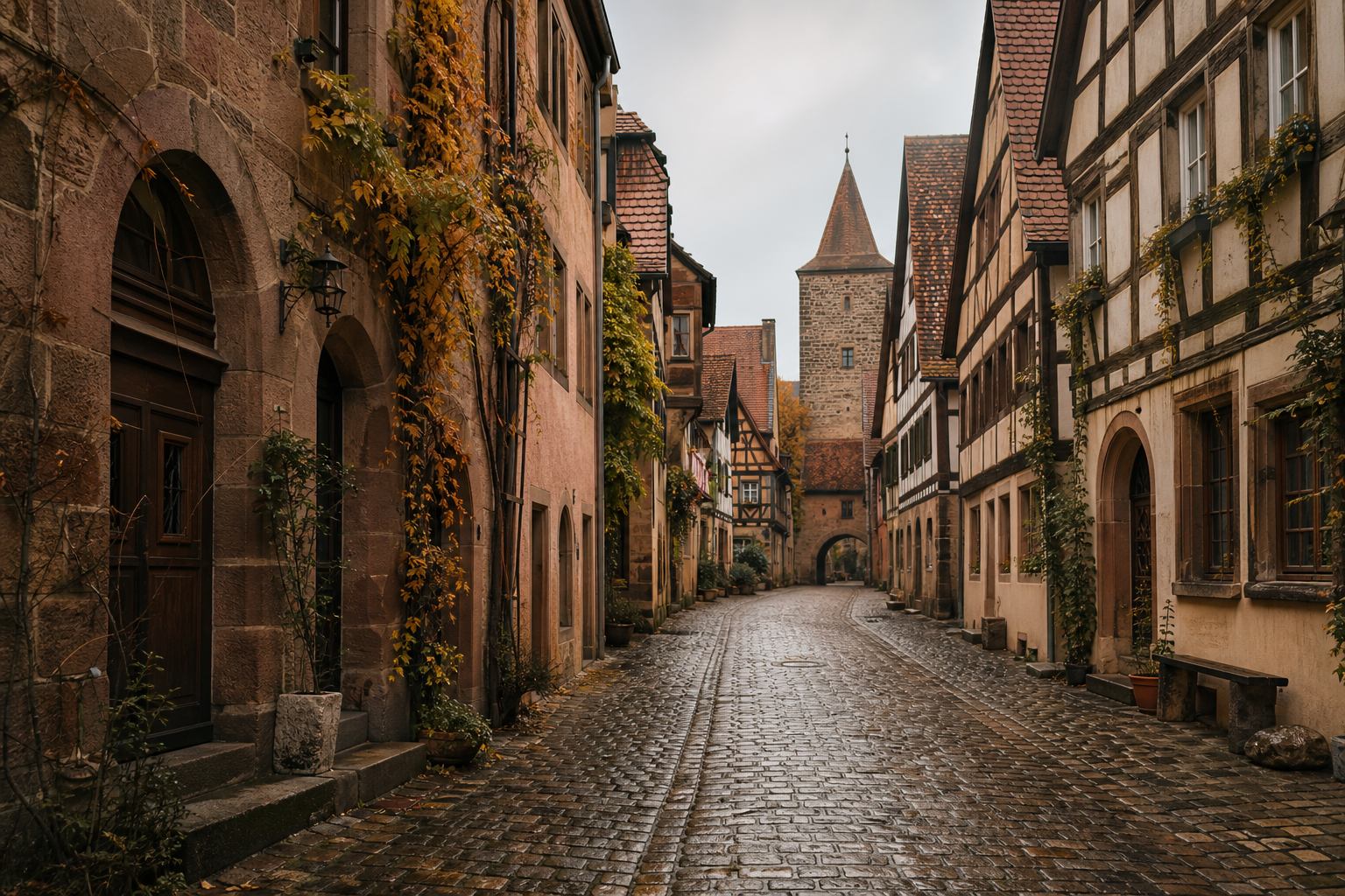 Nasse Gasse mit Fachwerkhäusern in einer deutschen Altstadt