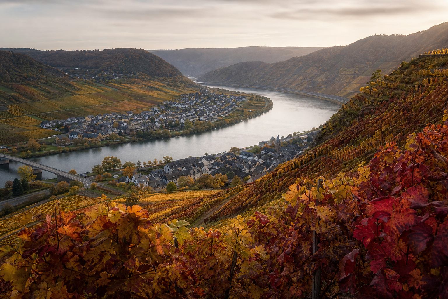 Herbstliche Steillagen und Flussschlinge an der Mosel