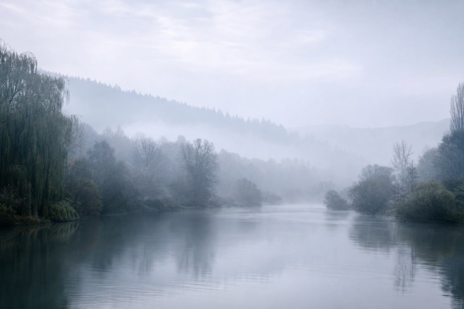 Silberner Fluss im Morgennebel zwischen bewaldeten Hügeln